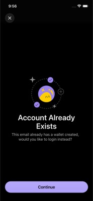 screenshot of /(onboarding)/SeedlessAccountAlreadyExists