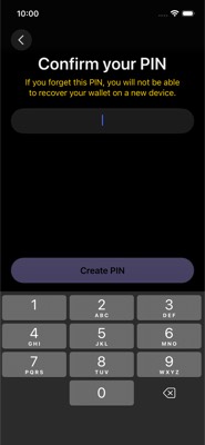 screenshot of /(onboarding)/SeedlessPinConfirm